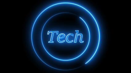 Blue neon sign with word Tech circular glow on a dark background.