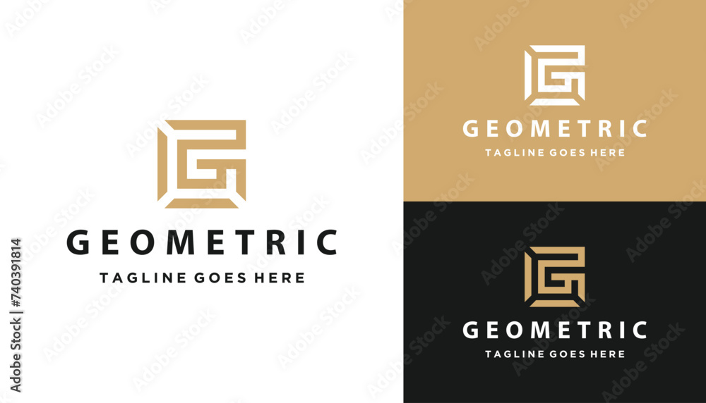 Poster golden initial letter g with simple square shape line art logo design