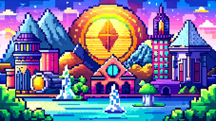 Pixel art illustration that captures the essence of the cryptocurrency world, traditional finance with digital assets, a modern financial kingdom powered by blockchain. Generative ai