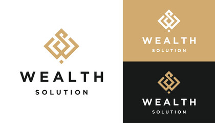 Golden Initial Letter WS S W SW with Luxury Wealth Square Frame Shape Art Line Logo Design