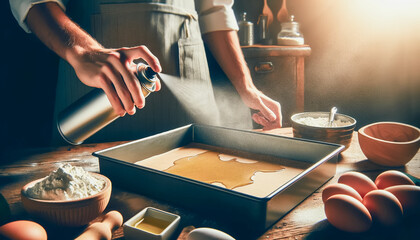Chefs's hands spraying oil onto an empty baking pan. The scene is set in a bright white kitchen.