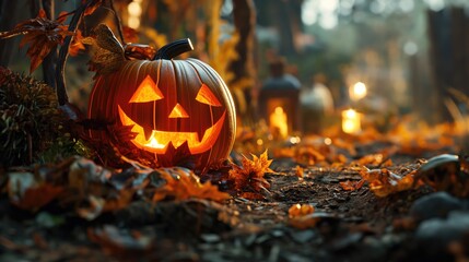 Creepy burning halloween pumpkins. Created with generative AI. - obrazy, fototapety, plakaty
