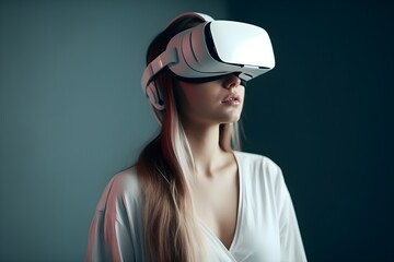 Young woman wearing VR headset exploring the metaverse, minimal and clean