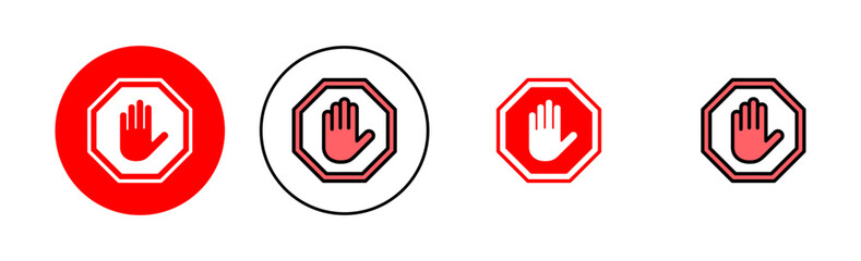 Stop icon set illustration. stop road sign. hand stop sign and symbol. Do not enter stop red sign with hand