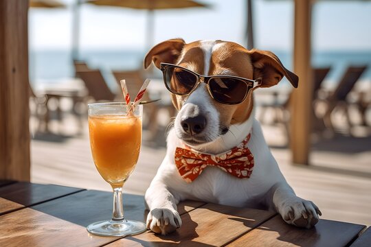Funny dog drinking cocktails at the bar. Beach ocean view. Summer vacation, holidays concept 