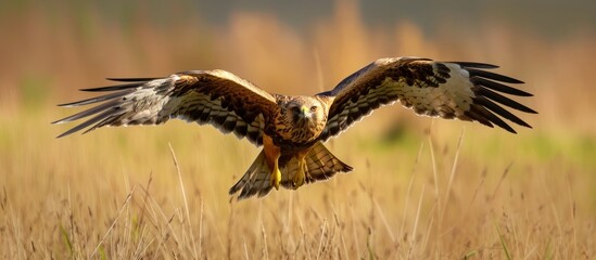Fototapeta premium An Accipitridae bird of prey, such as a Falcon, is soaring over a vast grassland with its powerful wings and sharp beak, showcasing its terrestrial animal nature