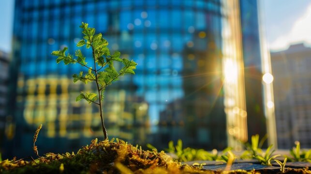 A small, vibrant green sapling thrives against the backdrop of a modern glass building and the warm glow of sunlight.