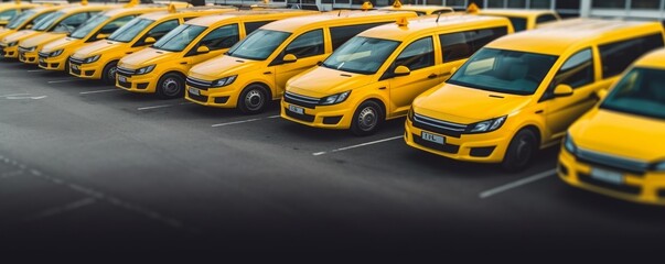 Transporting service company. Yellow delivery or taxi vans in row. Parkende Autos, vehicle....
