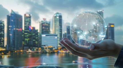 A hand presenting a holographic globe with digital network connections, symbolizing global business and technology in front of a city skyline.
