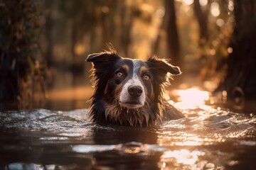 a cute border collie in a lake, with his head above the water - obrazy, fototapety, plakaty