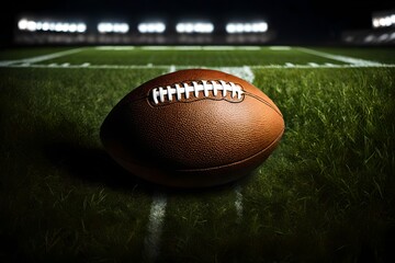 closeup of an American football ball on the grass of a stadium at night about to start a game - copyspace.