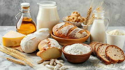 Composition with variety of food products containing gluten - obrazy, fototapety, plakaty