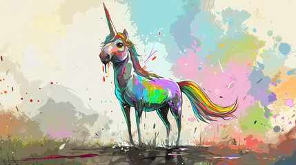 funny rainbow unicorn illustration - obrazy, fototapety, plakaty
