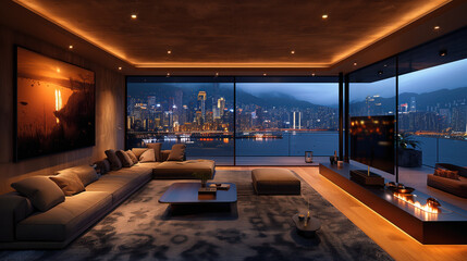 modern living room at evening with tv screen, led lighting and city background - obrazy, fototapety, plakaty