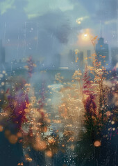 Urban Twilight Sparkle: Cityscape with Gleaming Sunset and Wildflowers