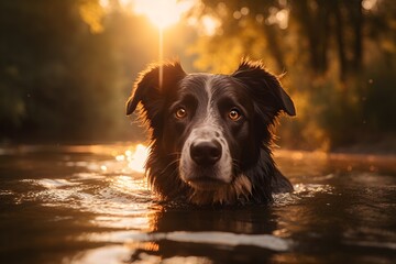 a cute border collie in a lake, with his head above the water - obrazy, fototapety, plakaty