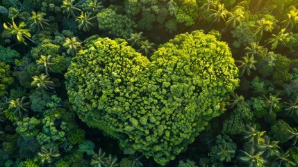 Aerial view of a dense, heart-shaped forest canopy, symbolizing love for the environment and natural beauty.