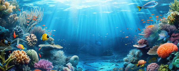 Naklejka na ściany i meble Coral reef Underwater scene with rays of light