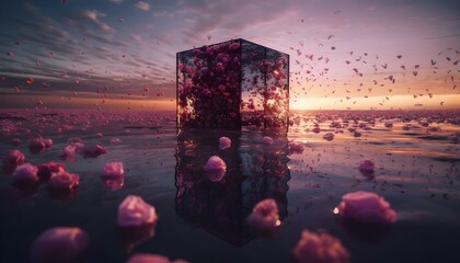 On purple sands a huge mirror cube standing still, many pink roses falling down, a magic vanilla sky at sunset - obrazy, fototapety, plakaty