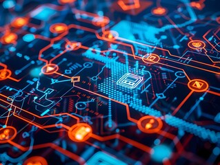 Abstract Image of Illuminated Electronic Circuit Board in Technology Industry