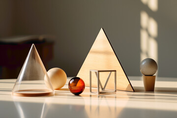 High-quality photograph showcasing a carefully arranged 3D-rendered tetrahedron, rectangular prism, and ellipsoid on a clean, well-lit table - obrazy, fototapety, plakaty