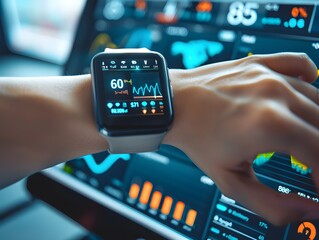 Hand Holding Apple Watch Monitor in Futuristic Style