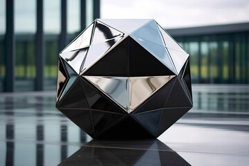 Icosahedron placed on a reflective surface, highlighting its multifaceted geometry in a modern setting