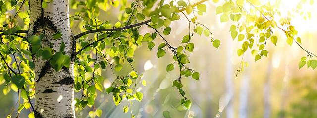 Vibrant beauty of spring, birch tree adorned with lush green foliage. Gentle play of sunlight filtering through the branches. Renewal, nature's awakening.