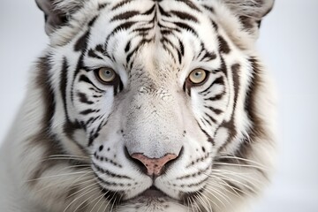 Close-up, Enigmatic, All-white Siberian Tiger, poster-like, white backdrop 