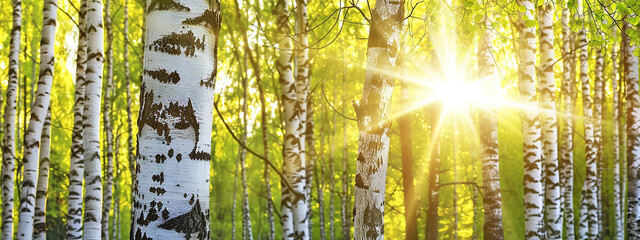 Vibrant beauty of spring orf early summer, birch tree adorned with lush green foliage. Gentle play...