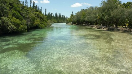 Isle of Pines New Caledonia water channel through the unique forested island landscape - aerial