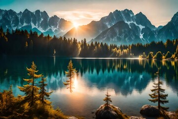 Impressive summer sunrise on Eibsee lake with Zugspitze mountain range. Sunny outdoor scene in German Alps, Bavaria, Germany, Europe. Beauty of nature concept background
