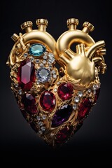 Golden heart with precious stones on a black background.