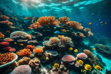 Fototapeta na wymiar Underwater view of tropical coral reef with fishes and corals. Beautiful marine life, abstract natural background, gorgeous coral garden underwater, tropical. beauty of wild nature