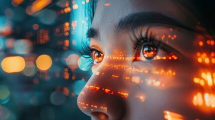 Intense digital patterns are reflected in the eye of a woman, symbolizing themes of future technology, cybernetics, and artificial intelligence.