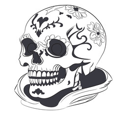 Black and white drawing of a human skull with an ornament.