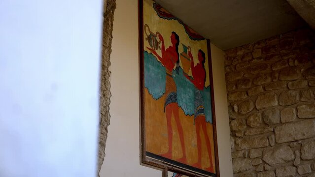 large frescoes in the palace of Knossos with vibrant colours, Crete Greece famous archeological site