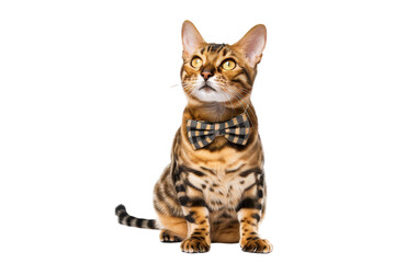 Bengal cat wearing a bow tie, isolated on white background.