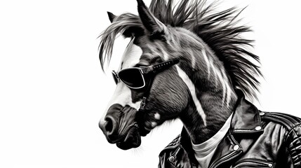 Punk rock horse in sunglasses isolated on white background. presentation. advertisement. invitation. copy text space.
