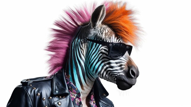 Punk rock zebra in sunglasses isolated on white background. presentation. advertisement. invitation. copy text space.