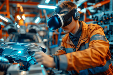 Auto mechanic working car by diagnosis with virtual reality headset, .ai generative