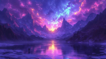 Zelfklevend Fotobehang Violet twilight majesty mountain reflection