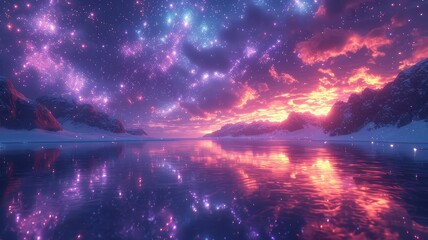 galactic dusk mountain reflections - obrazy, fototapety, plakaty