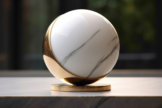 Spherical object with a glossy finish, delicately positioned on a marble tabletop, showcasing mathematical beauty