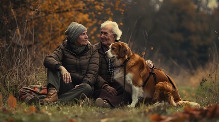 An elderly couple and their dog sit together in the grass in a maroon and amber style, textured canvas, soft focus, and realistic depiction. Generative AI. - Powered by Adobe