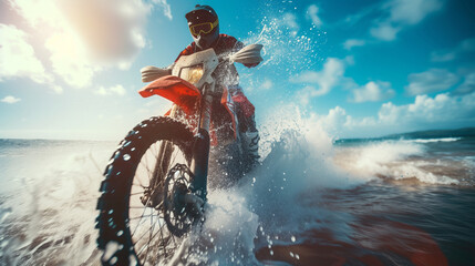 riding a motorcycle on the water fresh wave. Woman standing with her dirt bike in a lake Or sea. Man travels on a motorcycle in the ocean beach. Motorcyclist crosses a river with motocross motorcycle.