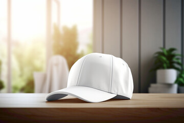 The 3D mockup of a stylish white cap placed on a minimalistic table, with natural light accentuating its details.