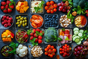 Colorful assortment of fresh fruits and vegetables arranged on a rustic wooden table.