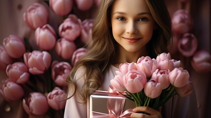 Fototapeta premium woman with tulips gift box on flower background. Mother's day-valentine's day. greeting card. presentation.