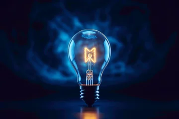Foto op Plexiglas The brilliance of a solitary 3D bulb against a velvety dark blue background, captured in stunning detail by an HD camera. © HASHMAT